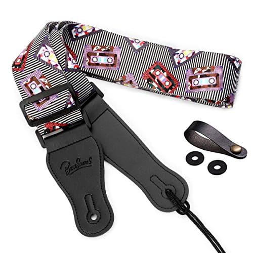 Guitar Strap with Leather Ends, Pattern Of Cassette Tape And Stripe Includes 2 Guitar Locks & 1 Button Headstock Adaptor For Electric, Bass& Acoustic Guitar