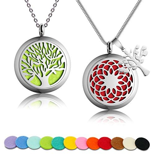 2 PCS Auzer Aromatherapy Essential Oil Diffuser Necklace with 316L Surgical Stainless Steel Pendant Locket 23.6-Inch Chain and 12 Oil Refill Pads (Lifetree + Sunflower)
