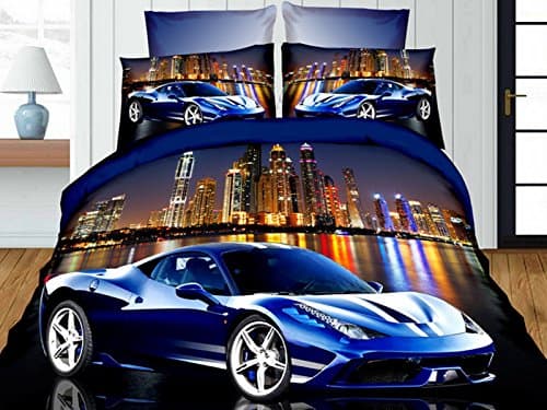 Blue Sport Car 3D Premium Bedding Set Single Size 4 pcs + pillowcases 50x75 cm + flat sheet