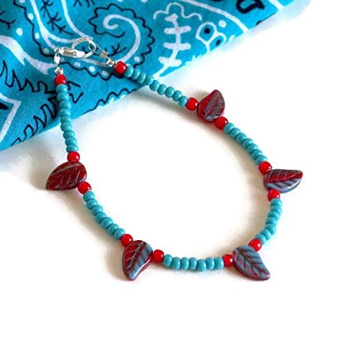 Boho Beach Anklet, Beaded Blue and Red Leaves Anklet