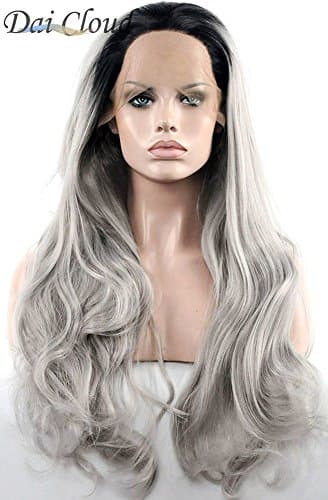Dai Cloud Ombre Gray 2 Tones Lace Front Wig Dark Roots Long Natural Wave Soft Synthetic Wigs for Fashion Ladies and Girls Heat Resistant 29 Inches