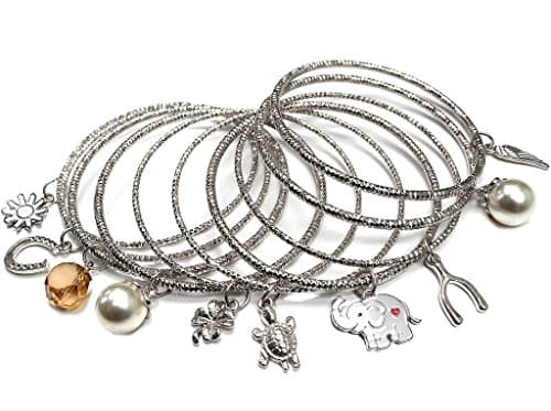 Aris Huge Stack Diamond Cut Charm Bangles Bundle: Bracelets & Bag (Silver-tone Lucky Theme)