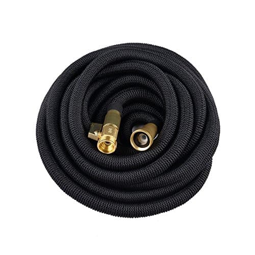 VOLFO 100 Feet Expanding Garden Hose, Solid Brass Ends, Shut Off Valve, Natural Latex Core, 5000 Denier High Tenacity Woven Wrap, Black