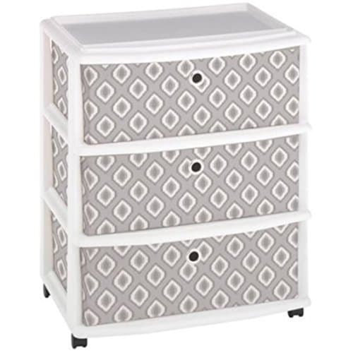 Grey Modern look Ikat Pattern Sturdy Plastic 3 Fabric Drawers