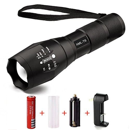 LED Tactical Flashlight CREE XML-T6 3800 lm Zoomable Waterproof Multifunction XML-T6 3800 Lumen, Portable Outdoor Camping Water Resistant Torch, 5 Light Modes 18650 Rechargeable Battery & Charger