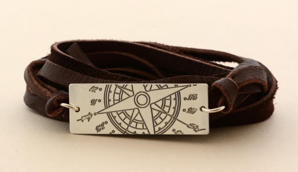 Compass BOHO style sterling silver/leather bracelet, custom engraved coordinates or text . Handmade Traveler bracelet, nautical gift, Wanderlust