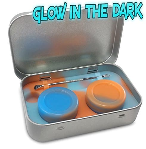 DAB Wax discrete Tin, 2-5ml Silicone Dab Container Jars, Stainless Steel Wax Dabber - FREE extra dabbing tool and carrying case (Orange Blue Glow)
