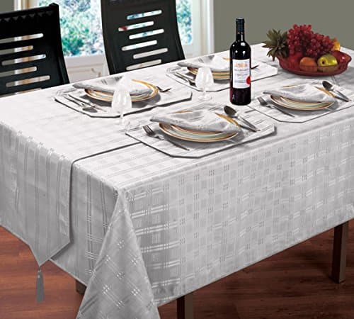 LUXURIOUS MODERN CHRISTMAS WOVEN JACQUARD CHECK SILVER TABLE CLOTH 70" ROUND & 8 NAPKINS 8 PLACEMATS