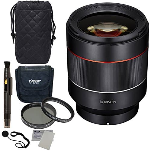 Rokinon IO50AF-E AF 50mm F1.4 Full Frame Auto Focus Lens for Sony E-Mount, Tiffen 67mm Photo Twin Pack Filters, Polaroid Lens Cap Strap and Accessory Bundle