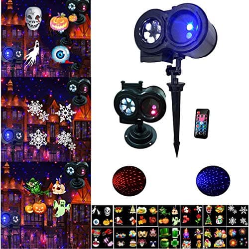 Laser+Projection (2 in 1), Red & Blue Laser Light Combine with 14 Side Projector light Remote Control Outdoor Indoor for Christmas Halloween Birthday, Wedding, Party, Bar, Holiday