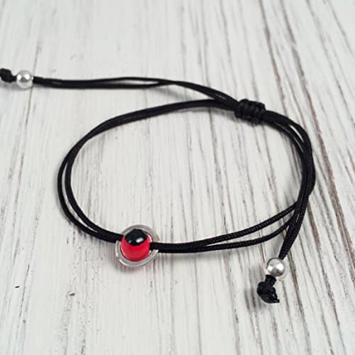 Black String Bracelet, Sterling Silver 925 Circular Band with Small Red and Black Huayruro Seed Charm, Peruvian 'Good Fortune' Adjustable Thread Cord, Friendship Bracelet, Handmade in Peru