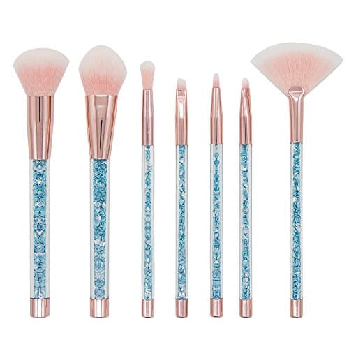 AprFairy 7pcs Unique Glitter Makeup Brush Set Premium Acrylic Handle Soft Synthetic Fiber Bristles Makeup Tool Professional Kabuki Make Up Brushes Kit with Transparent Glitter Pouch - Blue