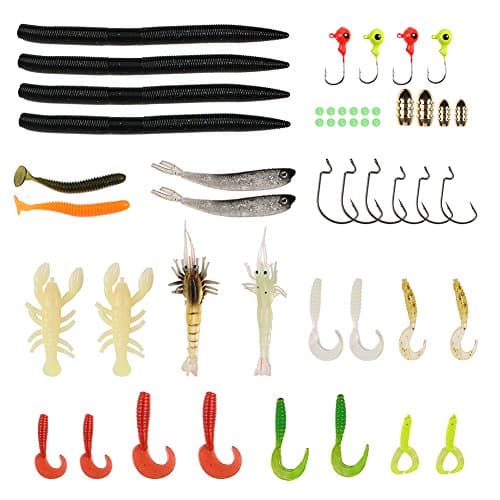 DEENOR Soft Plastic Fishing Lures, 3D Artificial Soft Baits Including Shrimp Lures, Spoon Lures, Plastic Worms, Fishing Tackle Lures Perfect for Freshwater and Saltwater with Tackle Box.