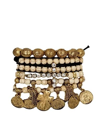 Aris Huge Stack Bohemian Beaded & Charm Stretch Bracelet Bundle: Bangles & Bag (Gypsy Coins Natural)