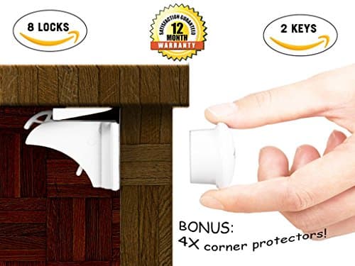 SAVEYO Magnetic Cabinet Locks Baby - Proofing Safety Solution (8 Locks + 2 Keys), Easy Installation With 3m Adhesive No Tools,Screws Needed - White - Free Bonus 4 Corner Protectors