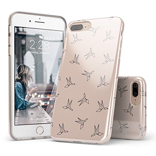 Casely iPhone 8 Plus Case Birds, iPhone 7 Plus Case Origami, Origani Beige Crane Bird Design Clear Bumper TPU Gel Slim Soft Flexible Rubber Silicone Cover iPhone Case for Women Teens