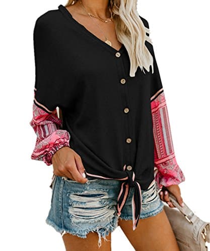 Shele Womens Boho Tie Front Button Down Shirts Thermal Henley V Neck Long Sleeve Print Knit Tunic Blouse Tops