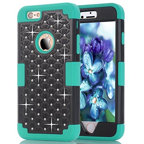 iPhone 6s Case, Sparkle Rhinestone Three Layers Verge Hybrid Soft Silicone Hard Plastic Triple Shockproof Case Cover for Apple iPhone 6/6s 4.7 Inch (Green+Black)
