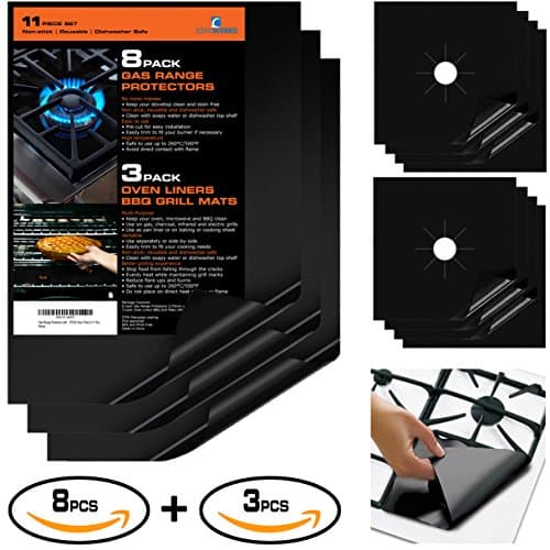 Gas Range Protectors with Large Oven Liners, 11 Pack, Burner Stovetop Hob Covers, BBQ Grill Mats, Reusable Heavy Duty Non-Stick Dishwasher Safe Easy to Clean, FDA Approved BPA & PFOA Free, Black