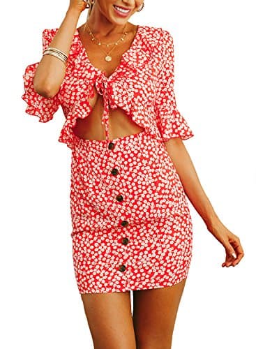 STKAT Women's Summer Floral Printed Ruffle Sleeve Tie Front Button Down Beach Short Dress