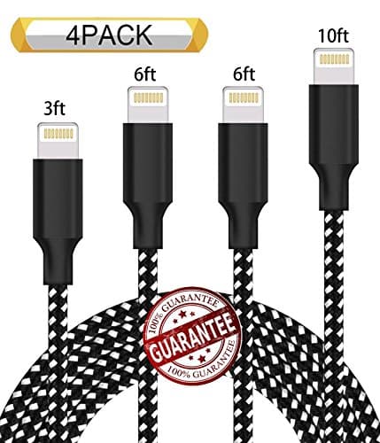 Zcen Lightning Cable 4Pack 3FT 6FT 6FT 10FT Nylon Braided Certified iPhone Cable USB Cord Charging Charger for iPhone X,8, 7, 7 Plus, 6, 6s, 6+, 5, 5c, 5s, SE, iPad, iPod, iPod Touch Black White