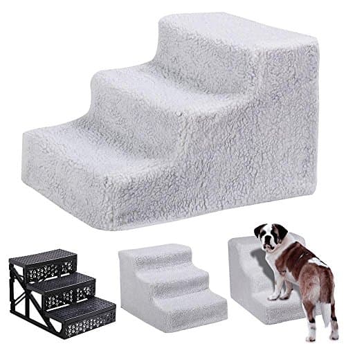 Yaheetech 3 Steps Portable Pet Stairs Plush Covered Cat Dog Ramp Ladder Padded Easy Climb,White