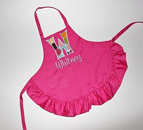 Child Size Hot Pink Ruffled Apron with Name and Initial, Kids Apron