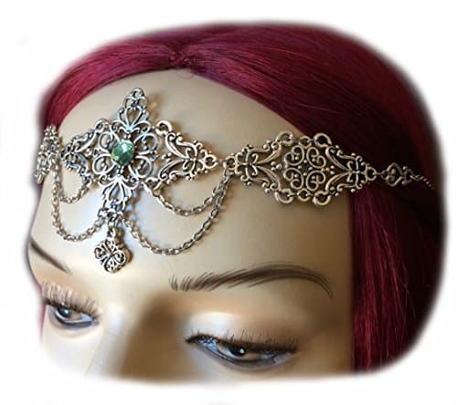 Dramatic Silver Filigree Draping Chain Headpiece Light Peridot Green