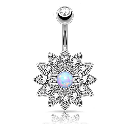 Opal Belly Button Ring Body Piercing Jewelry (Silvertone with Clear Crystals)