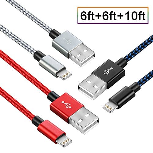 iPhone Charger, Kinwal 3Pack 6FT 6FT 10FT Nylon Braided 8 Pin High Speed Lightning Cable Charging Cables USB Charger Cord, for iPhone 7/7 Plus/6s/6s Plus/6/6 Plus/5/5S/5C/SE/iPad and iPod
