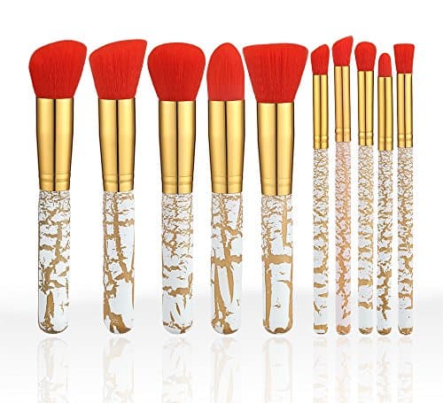 Premium 10 Makeup Brush Set Kit,Professional Woman Cosmetics Basic 10 Pieces Travel Beauty Brushes,Angled Flat,Contour,Eyeliner,Shadow,Blending Concealer,Black up Powder and Foundation(Golden White)