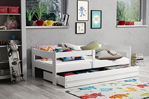 HUGO single bed for kids, 160x80 +mattress +storage, solid beds for children, alder, pine, white, graphite (White)