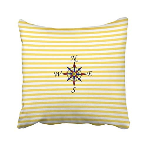 Accrocn Square Throw Pillow Covers Nautical Yellow Stripe With Compass Pillowcases Polyester 18 X 18 Inch With Hidden Zipper Home Sofa Cushion Decorative Pillowcase