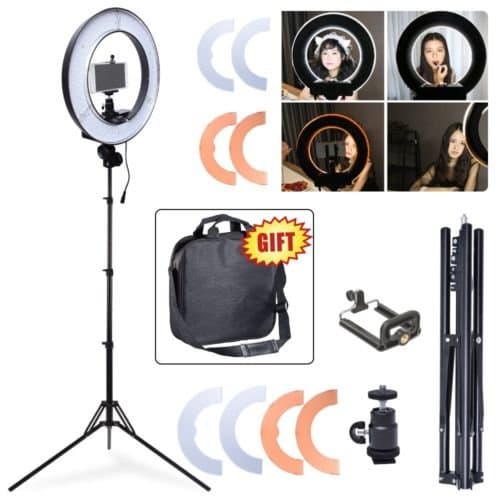 Dimmable Photography 14" LED Diva Ring Light Phone Adapter Studio Lighting with White and Orange diffuser