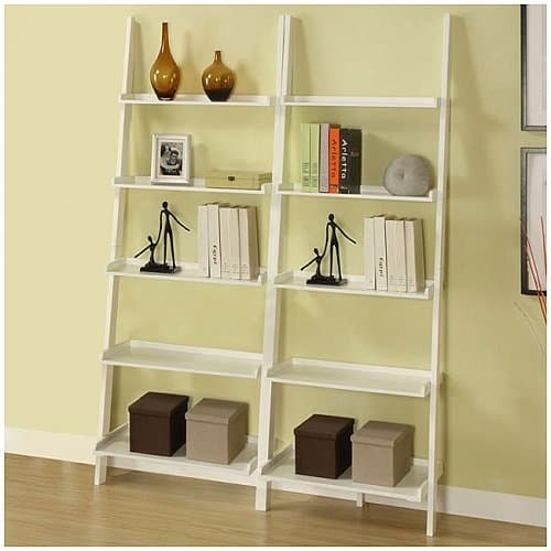 Cool Decorative White 5 tier 2 piece Leaning Ladder Bookcase Bookshelf Shelf Set