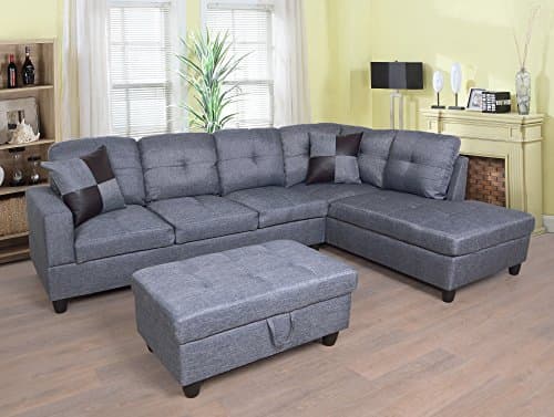 Eternity Home Panama 3 Seated Right Facing L Shaped Sectional Sofa with Ottoman, Dark Grey