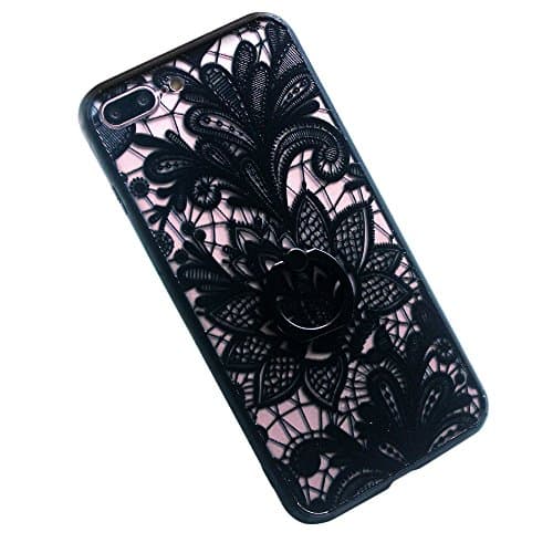 iPhone 7 plus Case iPhone 8 plus Case Ring Stent Soft Rubber Tronsnic 3D Embossed Lace Flower Pattern Acrylic Cover 360 Rotating Secure Grip Kickstand Shockproof (Black for iPhone 7plus 8plus 5.5'')