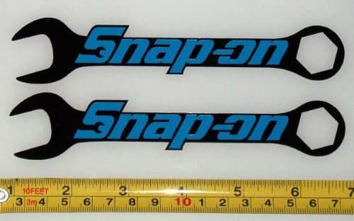 Snap On Logo over Wrenches - Light Blue on Black HQ Vinyl Sticker Decals! Set of 2 at 6in x 1.2in each