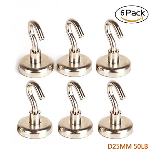 Strong Magnetic Hooks 25MM 50LB Mini Hooks Hanger Magnets Linked Fridge Home Kitchen Wall Hold Silver (Pack of 6)