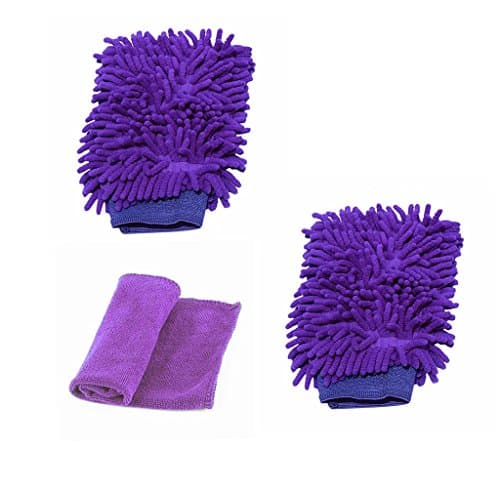 Qbreloh Microfiber Car Wash Mitt(2 Pack), Premium Chenille Soft Auto Wash Glove - Lint Free, Scratch Free, Regular Size Glove Mitt with A Car Wash Towel Purple