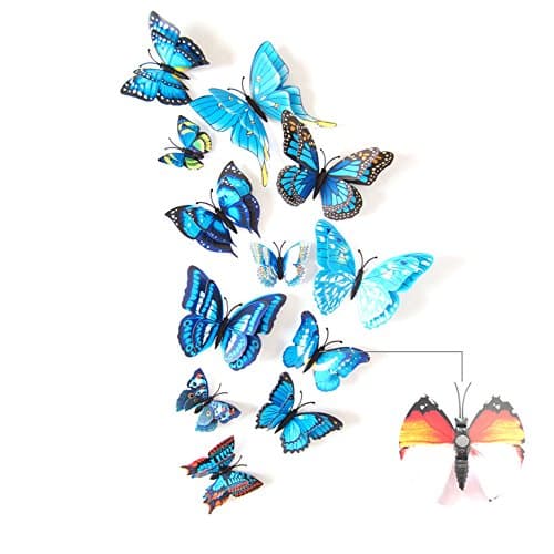 2017 The Latest Upgrade 3D Double-Deck Butterfly Wall Stickers Decor Art Decorations With Magnet、Sponge Gum And Pin 12 Pack (Blue-Magnetic Button&Sponge Gum)