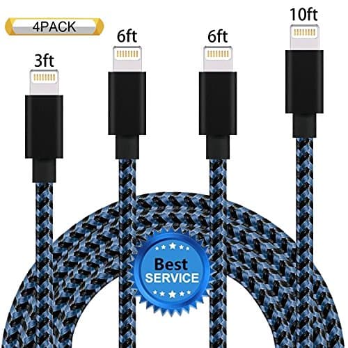 iPhone Cable SGIN, 4Pack 3FT 6FT 6FT 10FT Nylon Braided Cord Lightning Cable Certified to USB Charging Charger for iPhone 7,7 Plus,6S,6,SE,5S,5,iPad,iPod Nano 7 - BlackBlue