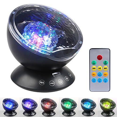 Color Our Life Remote Control Night Light Ocean Wave Projector 12 LED 7 Colors with Built-in Mini Music Player for Kids Baby Adults Bedroom and Living Room (Black)