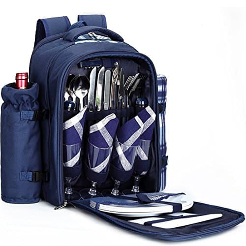 Picnic Backpack for 4 with Fleece Blanket, Blue Tartan Pattern, Cooler Compartment, Detachable Bottle/Wine Holder, Plates and Cutlery Set for Outdoor, Sports, Hiking, Camping, BBQs