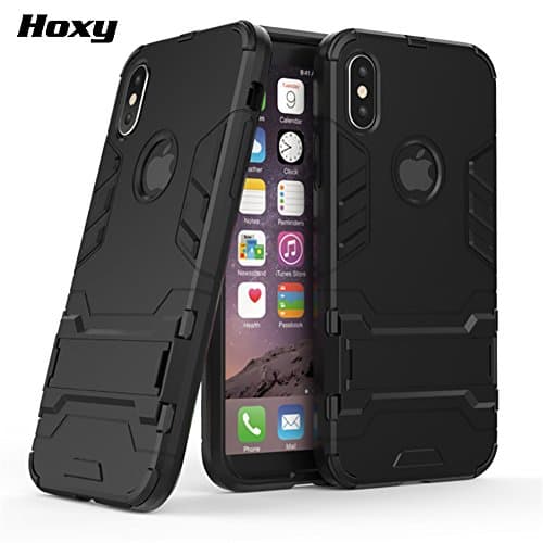HOXY iphone X Hybrid Armor Case Tempered Glass 2 in 1 Hard PC Cover + Soft TPU Bumper Case Cover, Shock Absorption, Scratch Resistant, Drop Tested, Lightweight with Kickstand(Black)