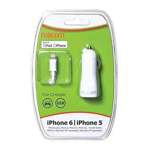 iPhone 6,5 Car Charger Adapter for iPhone 6/6s,5, 6 Plus with 2.4A High Super Speed USB port, White Cigarette Charger by FUJICOM