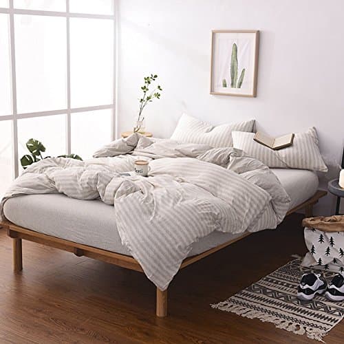 Adyonline 3 Pcs Jersey Cotton Comforter Cover Set,Stripe Pattern(1 Duvet Cover,2 Pillow Shams) Home Bedding Set---Soft&Comfortable\Beige,Twin