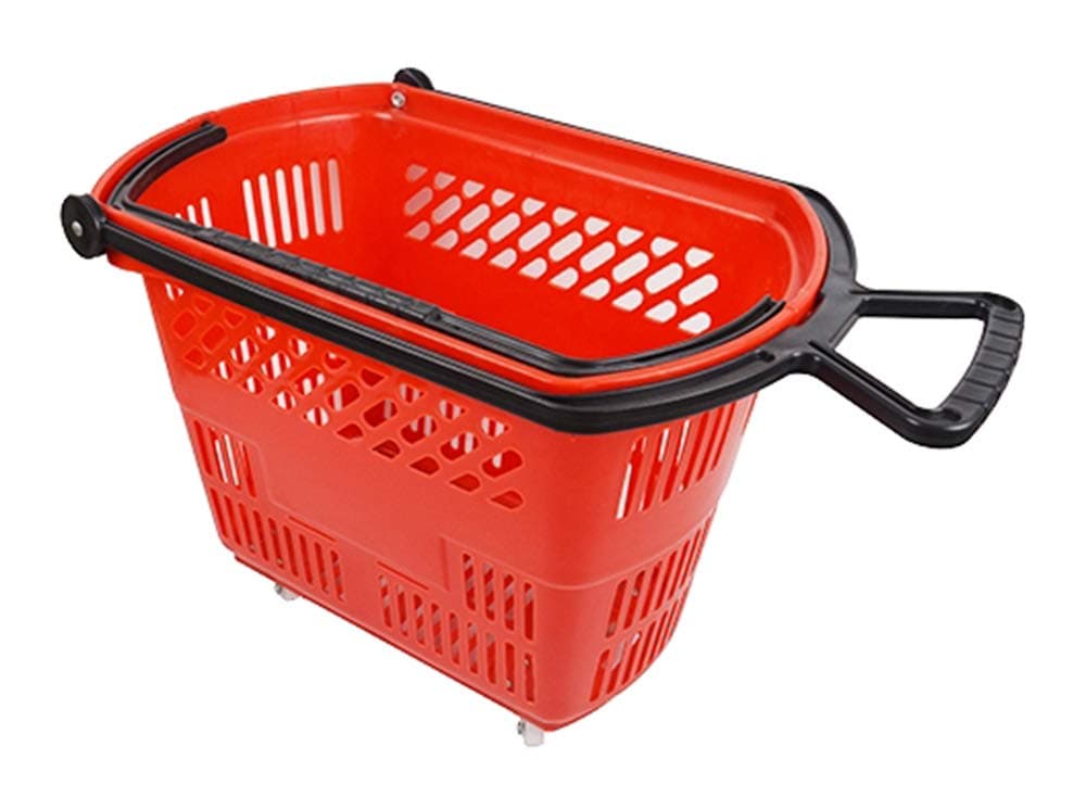 Rolling Plastic Shopping Baskets with Pull Handle Carton of 6 (Red)