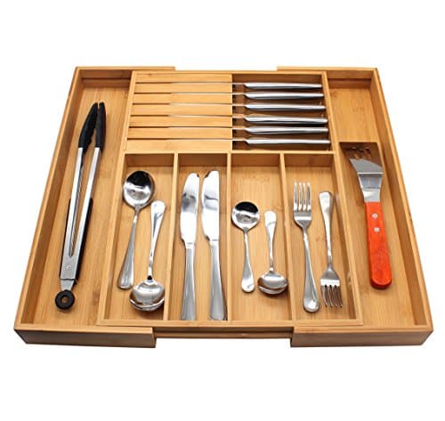 Flatware Organizer, MH ZONE Bamboo Expandable Drawer Organizer with Knife Block