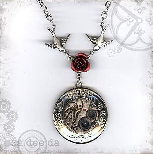 Red Rose Steampunk Locket - Za Dee Da Time Traveller Collection - Time to Smell the Roses Vintage Watch Part Locket Necklace
